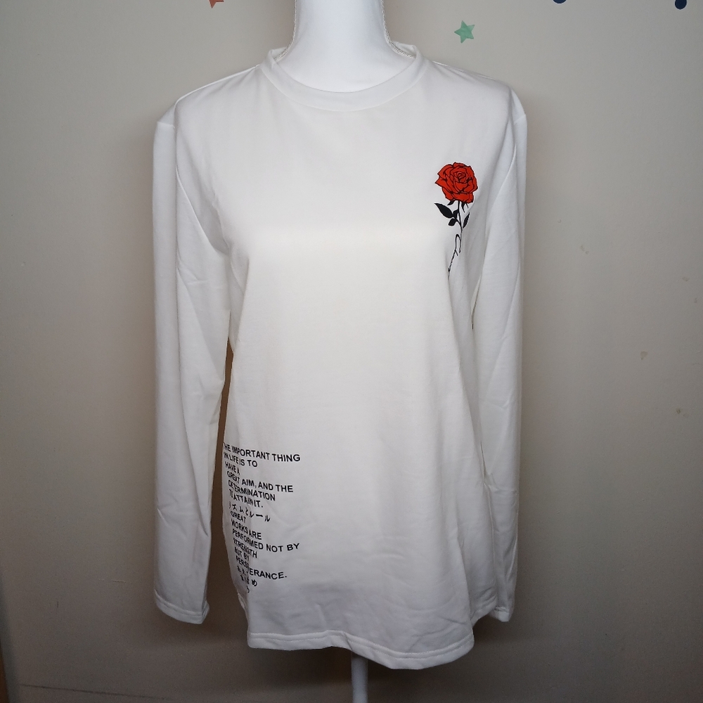 Shein White Long Sleeve Shirt w/ Red Rose Graphic & Quote – Size S – NWOT